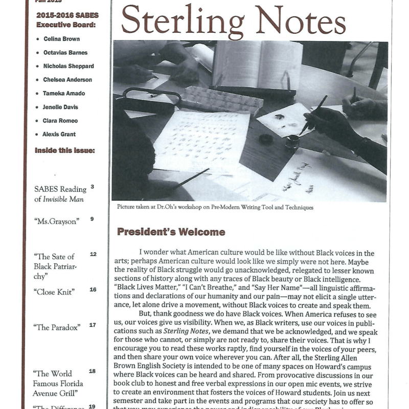 Fall 2015 Cover of Sterling Notes